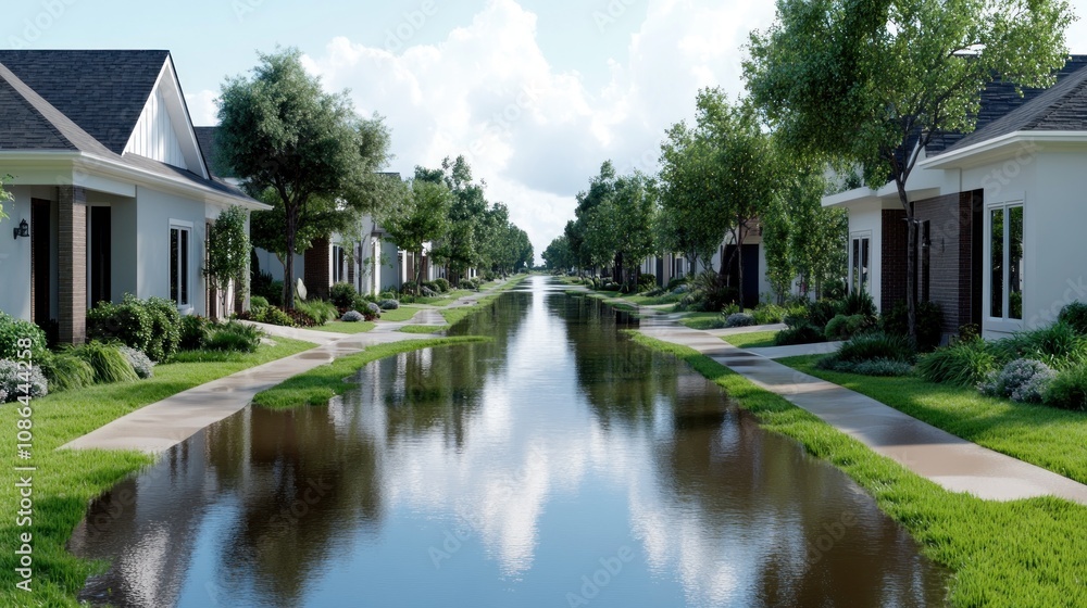 Serene neighborhood with a reflective waterway and lush greenery. Serene neighborhood with a reflective waterway and lush greenery.
