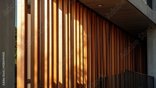 Architectural Detail: Sunlight Illuminating Wooden Slats on Modern Building Exterior