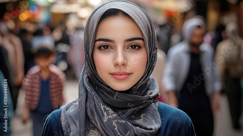 A portrait of an attractive young woman wearing a hijab, standing in the middle of a crowded street with people around her