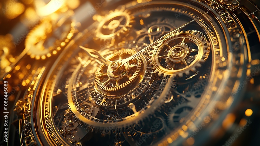 Close-up of intricate clock gears and dials, symbolizing the beauty in time's journey, with golden hues and soft lighting Close-up of intricate clock gears and dials, symbolizing the beauty in time's journey, with golden hues and soft lighting