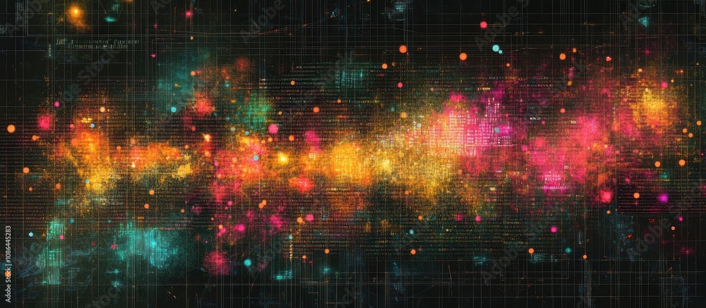 Abstract cosmic nebula with vibrant colors and glowing particles. Abstract cosmic nebula with vibrant colors and glowing particles.