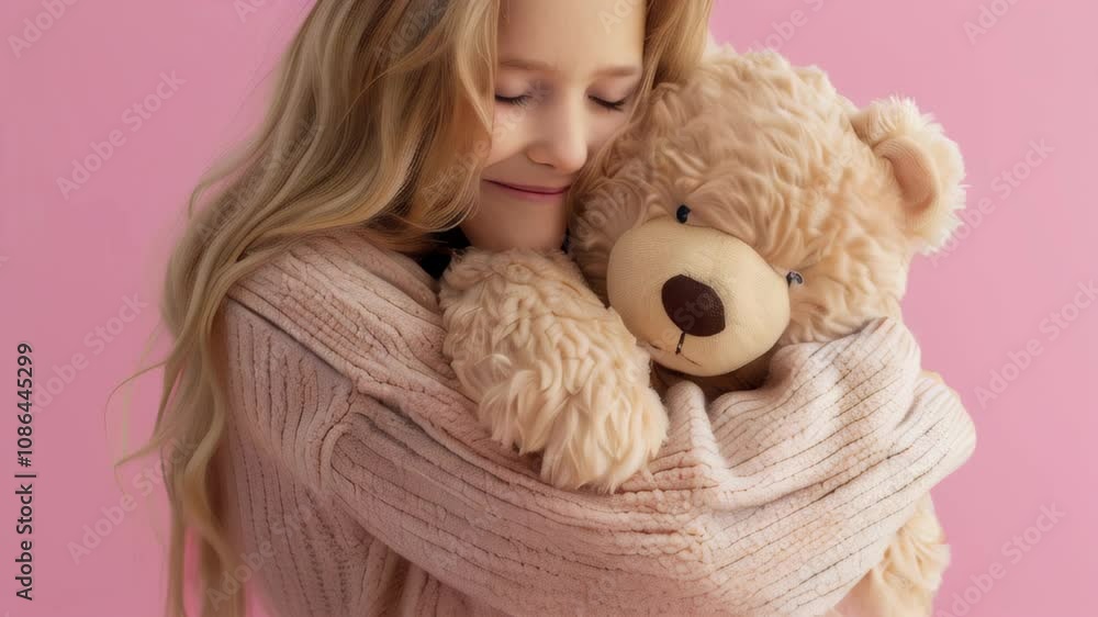 A young girl enjoys a cozy moment hugging her fluffy teddy bear against a soft pink background A young girl enjoys a cozy moment hugging her fluffy teddy bear against a soft pink background