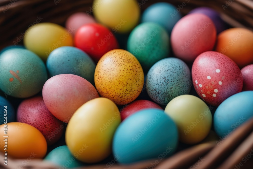 A basket overflowing with colorful Easter eggs. A basket overflowing with colorful Easter eggs.