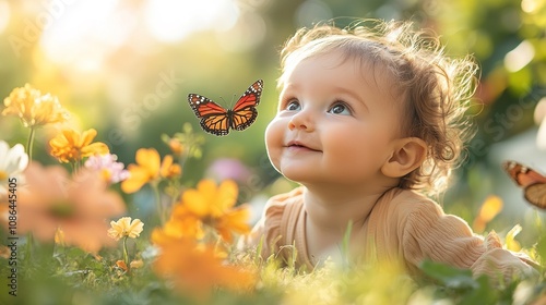 baby crawling on the grass in a beautiful garden, with butterflies and flowers nearby
