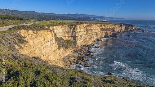 Scenic coastal cliffs overlooking the ocean under a clear sky.