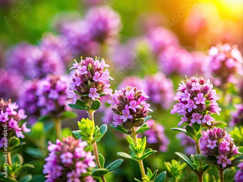 Close-Up of Blossoming Thymus Serpyllum - Beautiful Wild Thyme in Bokeh Effect on a Sunny Day