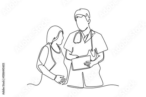 Doctor and patient. Single line draw design vector graphic illustration.