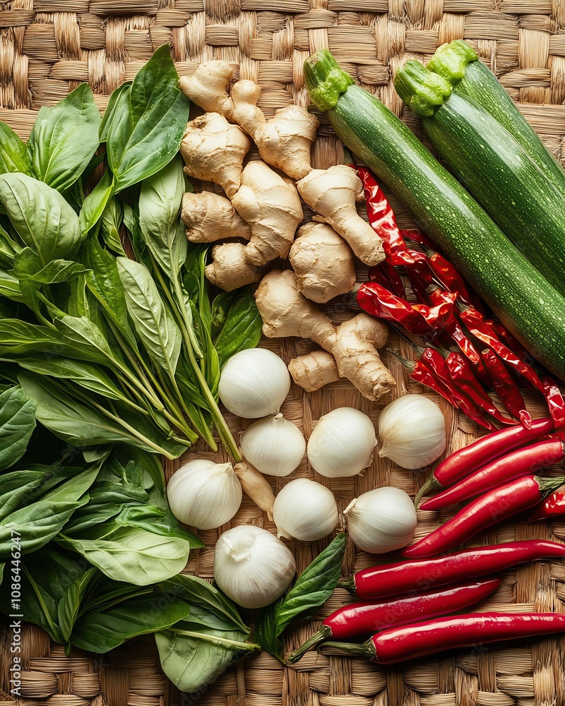 Fresh Thai Ingredients Collection Fresh vegetables on a woven background. Fresh Thai Ingredients Collection Fresh vegetables on a woven background.