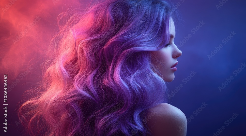 Woman with vibrant purple and pink hair, styled in loose waves, against a smoky, red and blue background. Woman with vibrant purple and pink hair, styled in loose waves, against a smoky, red and blue background.