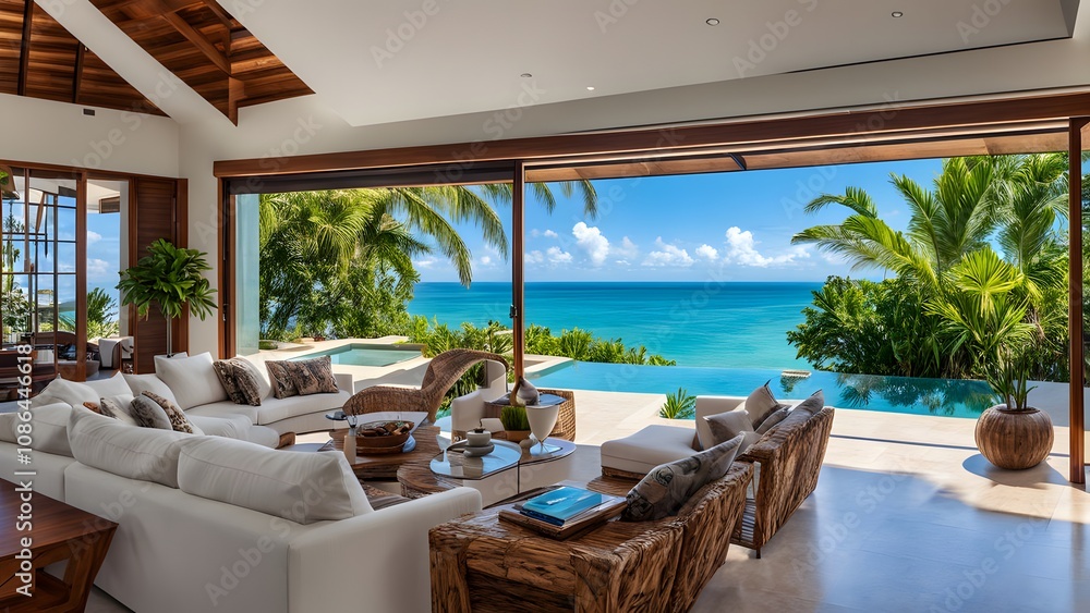 Obraz premium Beachside villa with panoramic ocean views and modern tropical design, AI Generated
