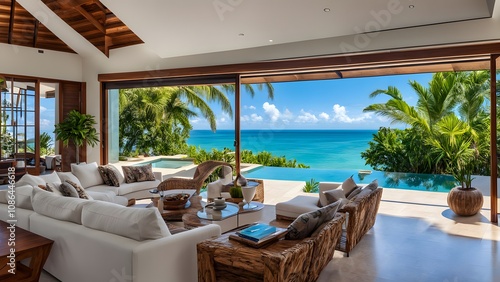 Beachside villa with panoramic ocean views and modern tropical design, AI Generated photo