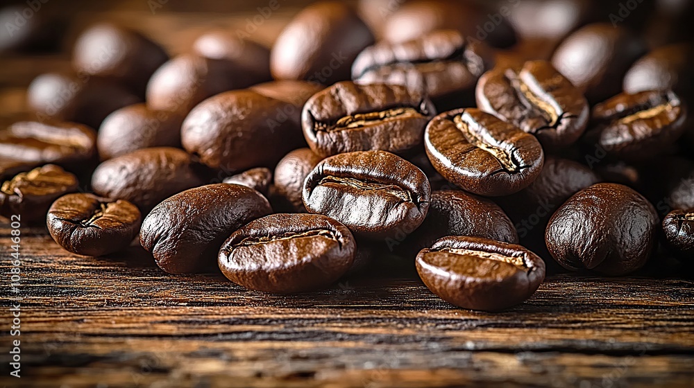 A close-up of coffee beans on a wooden table, showcasing their rich color and texture. The image is created using photo-realistic techniques A close-up of coffee beans on a wooden table, showcasing their rich color and texture. The image is created using photo-realistic techniques