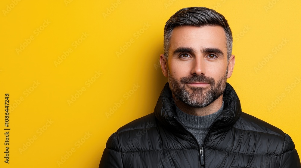Obraz premium Handsome Man Winter Jacket Yellow Background Portrait Studio Shot