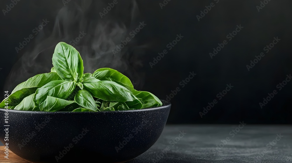 Fresh Thai Basil Leaves Steaming in a Black Bowl Against a Mysterious Dark Background. Vegetarian or Vegan Ingredients Concept Fresh Thai Basil Leaves Steaming in a Black Bowl Against a Mysterious Dark Background. Vegetarian or Vegan Ingredients Concept