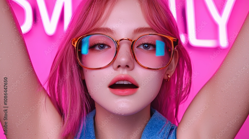 Trendy Woman Pink Hair Neon Lights Round Glasses Cyberpunk Style Trendy Woman Pink Hair Neon Lights Round Glasses Cyberpunk Style