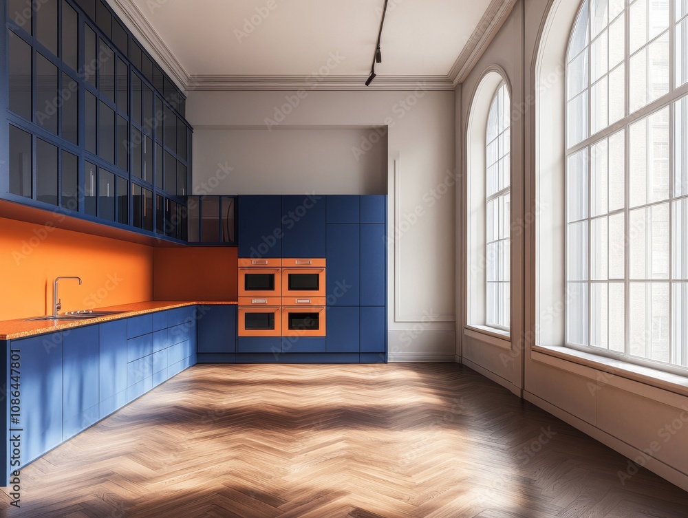 Obraz premium Modern kitchen interior with blue cabinets, orange backsplash, and wooden floor.