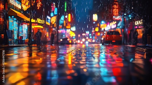 Wallpaper Mural A photograph of a city street after rain, with reflections on the wet pavement, neon lights reflecting in the puddles Torontodigital.ca