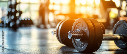 Sunlit Barbell on Gym Floor with Blurred Background