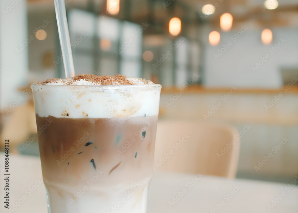 An iced chai latte with layers of brown chai spiced milk and ice, topped with a sprinkle of cinnamon An iced chai latte with layers of brown chai spiced milk and ice, topped with a sprinkle of cinnamon