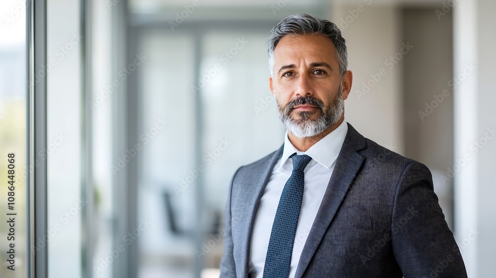 Portrait of a corporate executive standing against a blurred office backdrop, perfect for advertisement posters, with copy space for text, deep depth of field Portrait of a corporate executive standing against a blurred office backdrop, perfect for advertisement posters, with copy space for text, deep depth of field