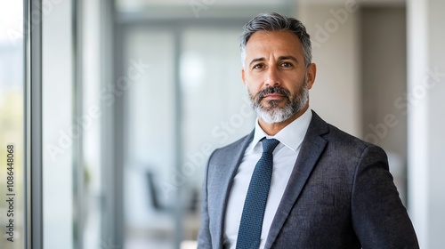 Portrait of a corporate executive standing against a blurred office backdrop, perfect for advertisement posters, with copy space for text, deep depth of field