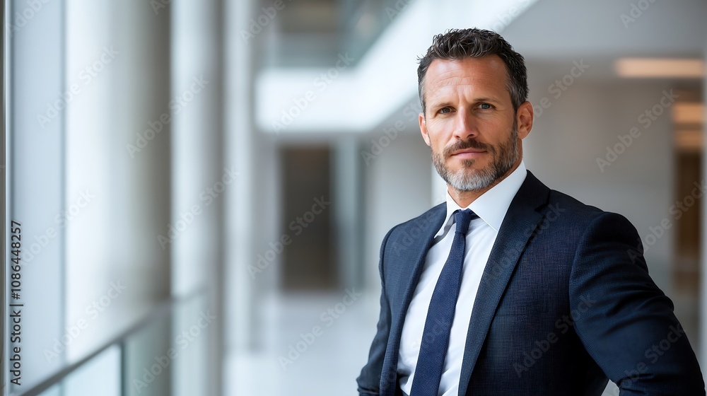 Businessman in a suit posing confidently, copy space available for promotional content, high-end professional portrait, deep depth of field Businessman in a suit posing confidently, copy space available for promotional content, high-end professional portrait, deep depth of field