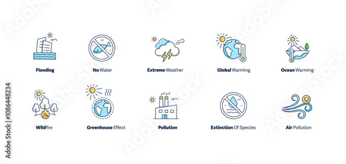 Environmental Crisis and Climate Change Icons. This set highlights key environmental issues such as flooding, extreme weather, global warming, ocean warming, and pollution through impactful visuals.