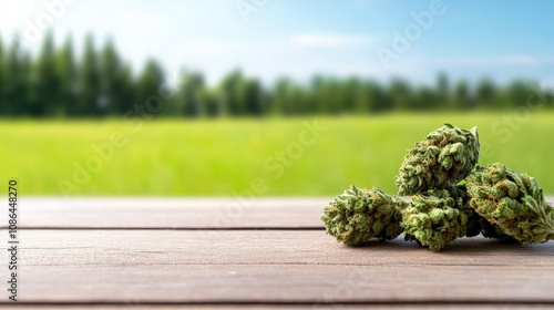 Realistic Outdoor CBD Hemp Buds on Wooden Table with Green Field Background in a Natural Setting, Ideal for Cannabis and Wellness Concepts