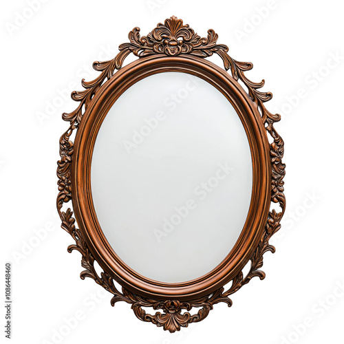 Vintage ornate wooden mirror frame with elegant detailing on a white isolated background. photo