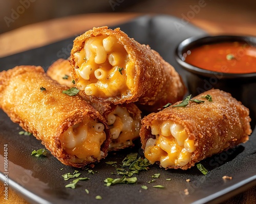 Modern Fusion Bites Crispy mac and cheese rolls with sauce.