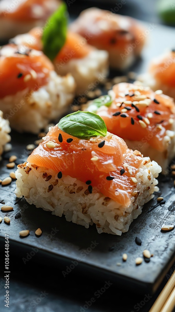 Modern Fusion Bites Delicious sushi with salmon and sesame seeds Modern Fusion Bites Delicious sushi with salmon and sesame seeds