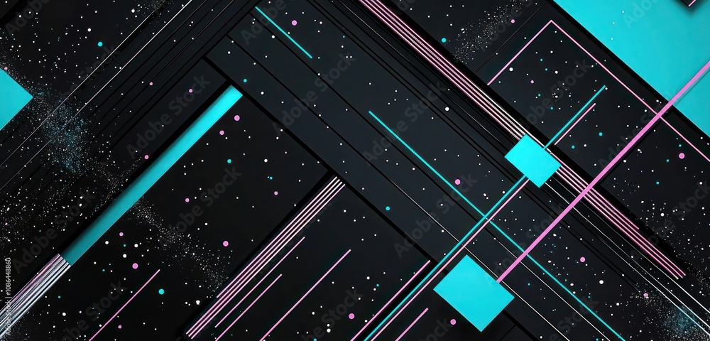 Christmas banner featuring large black and electric blue blocks with thin soft pink lines, bold turquoise accents, and silver textures, modern asymmetric design Christmas banner featuring large black and electric blue blocks with thin soft pink lines, bold turquoise accents, and silver textures, modern asymmetric design