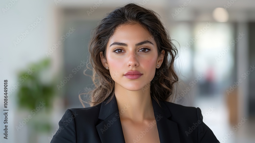 Portrait of a businesswoman in a professional setting, sharp focus on the subject, with ample room for advertising text, deep depth of field Portrait of a businesswoman in a professional setting, sharp focus on the subject, with ample room for advertising text, deep depth of field