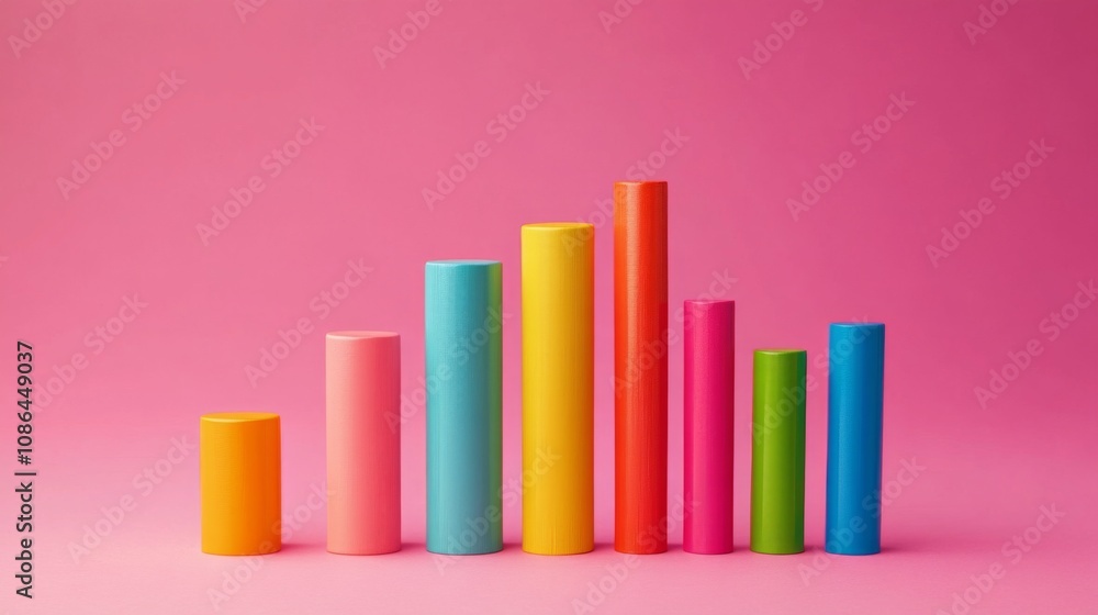 Colorful Cylinders in a Modern Arrangement on a Bright Pink Background for Use in Creative Projects, Design Displays, or Educational Visuals Colorful Cylinders in a Modern Arrangement on a Bright Pink Background for Use in Creative Projects, Design Displays, or Educational Visuals