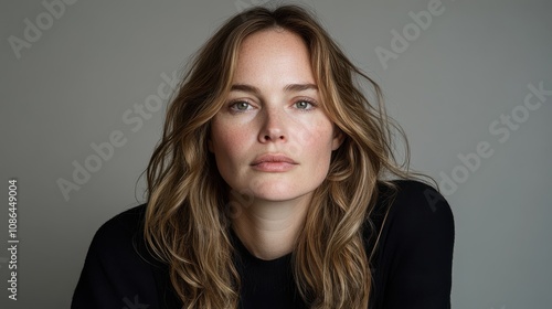 A woman with long hair gazes confidently at the camera, wearing a black top against a minimalistic grey background.