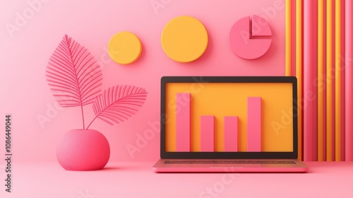 Laptop Displaying Business Growth Charts Pink Orange Theme Minimalist Design