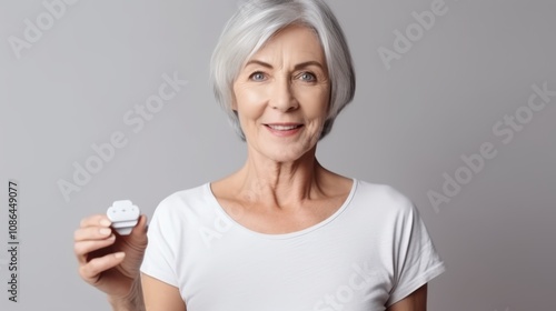 A cheerful elderly woman proudly holds a pill, showcasing a confident and positive attitude towards health. photo