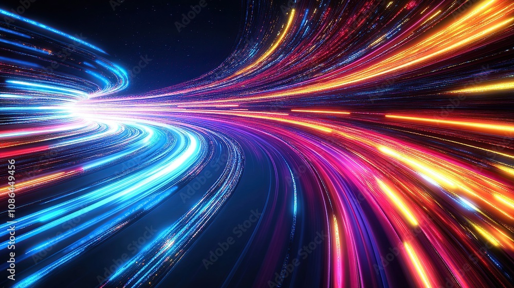 Abstract, colorful light trails moving quickly in the dark tunnel background with a speed effect. Concept of technology, digital, and futuristic theme background Abstract, colorful light trails moving quickly in the dark tunnel background with a speed effect. Concept of technology, digital, and futuristic theme background