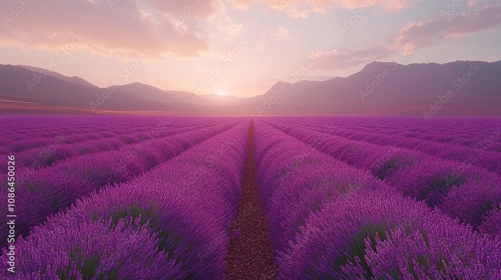 A serene lavender field at sunset, showcasing vibrant purple flowers and distant mountains. A serene lavender field at sunset, showcasing vibrant purple flowers and distant mountains.