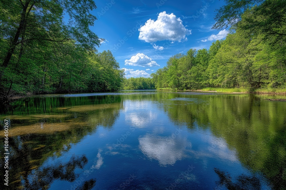 Fototapeta premium Tranquil River Reflecting Blue Sky and Fluffy Clouds Amidst Lush Green Trees