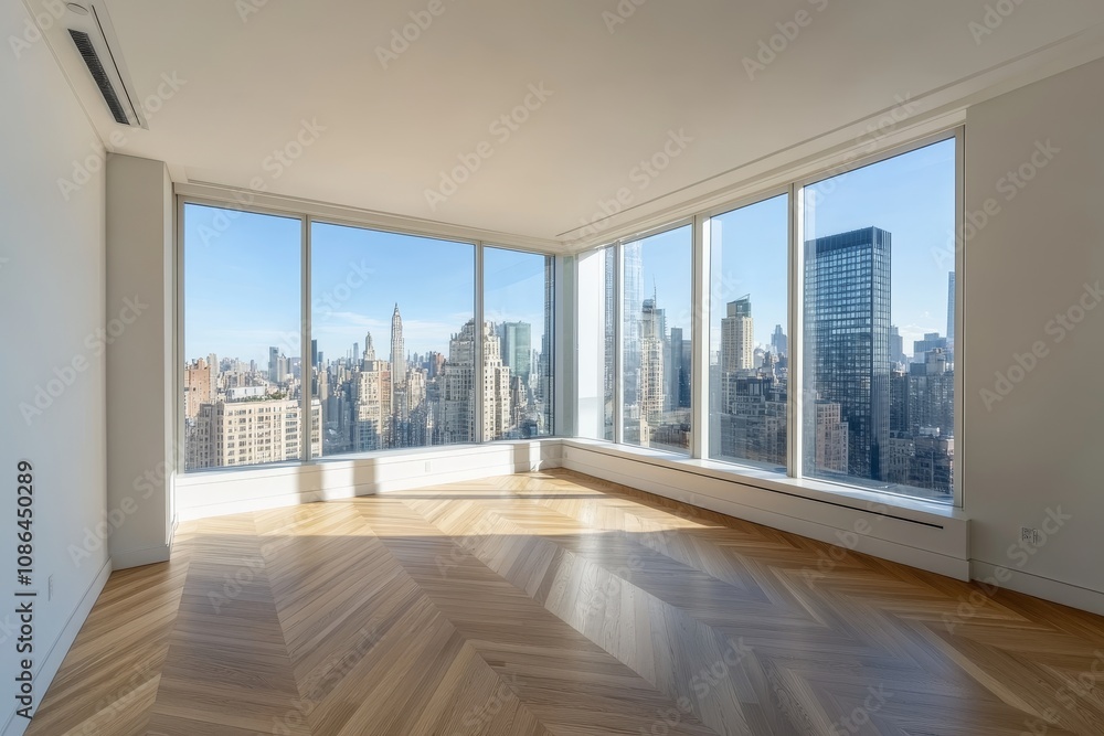 Fototapeta premium Empty room with large windows showcasing panoramic city views and hardwood floors.