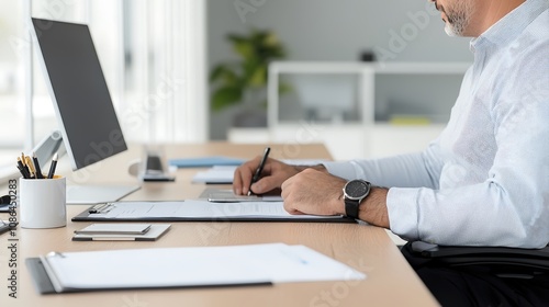 A professional seated at a desk in business casual attire, with blurred office background, leaving room for text, deep depth of field