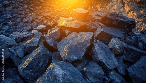 Golden Hour Rockscape: A Dramatic Pile of Dark Stones Bathed in Warm Sunlight photo