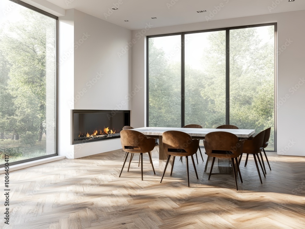 Fototapeta premium Modern dining room interior with large windows, a fireplace, and wooden floor.