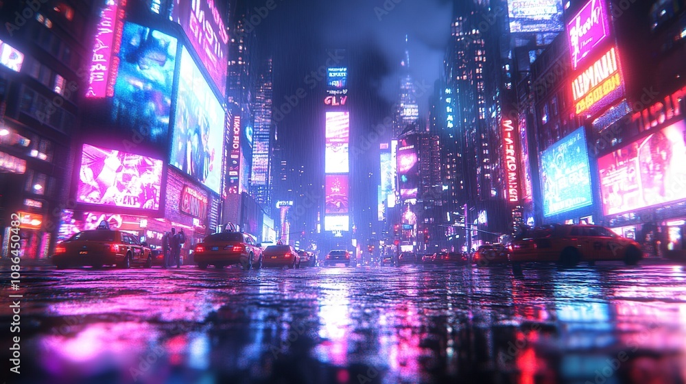 Obraz premium A vibrant, rainy cityscape illuminated by neon lights and reflections on wet pavement.