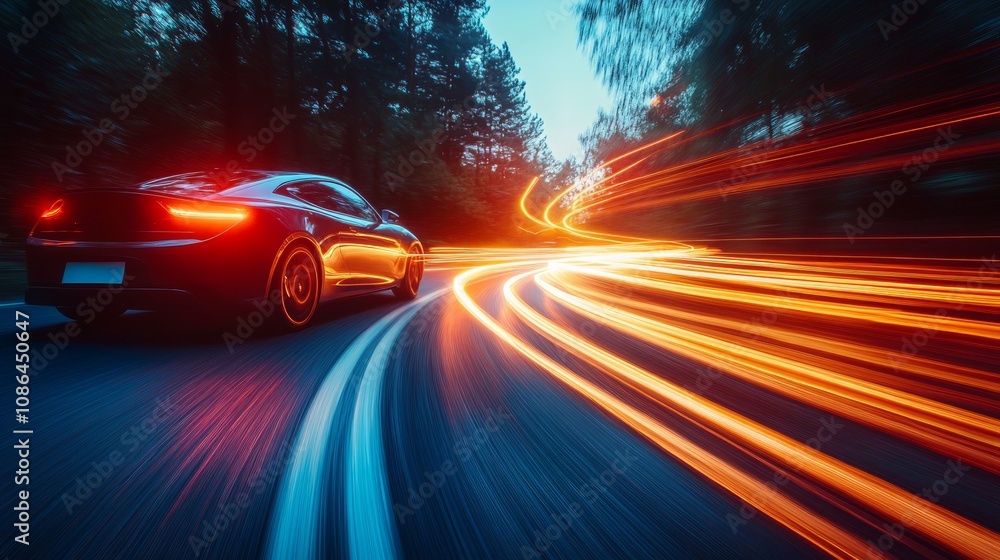 Fototapeta premium A black car drives fast on a winding road at dusk, with light trails streaking behind it.