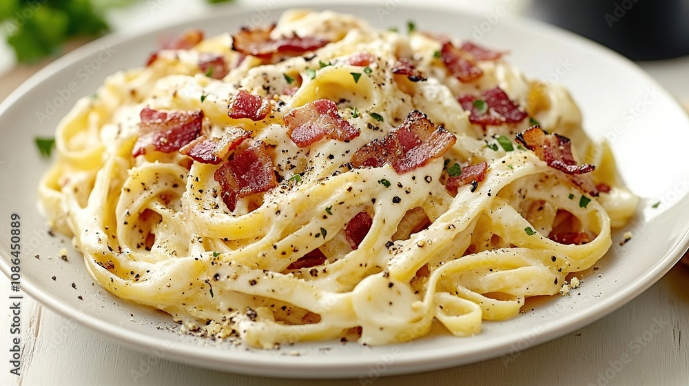 Fettuccine with bacon, cream, and black pepper, a delicious pasta dish on a white plate. Italian cuisine Fettuccine with bacon, cream, and black pepper, a delicious pasta dish on a white plate. Italian cuisine