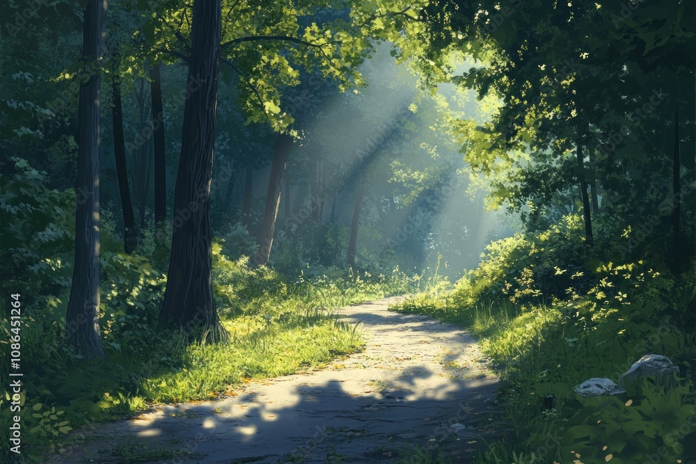A sunlit path winds through a dense forest, dappled sunlight filtering through the leafy canopy. A sunlit path winds through a dense forest, dappled sunlight filtering through the leafy canopy.