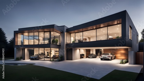 Elegant modern house with an open garage large floor to ceiling windows and led lighting, AI Generated