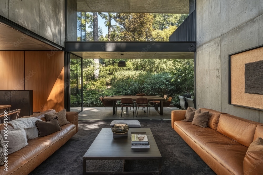Modern living room with large windows overlooking a garden. Modern living room with large windows overlooking a garden.